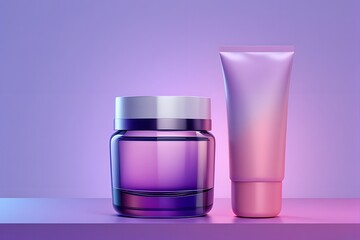 Elegant skin care set on purple backdrop offers beauty and wellness for modern lifestyle brands with vibrant gradients and clean product design