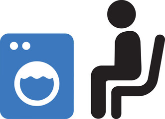 washing machine, icon, person, sitting, chair, laundry, appliance, domestic, chore, waiting, symbol, illustration, graphic, vector, blue, black, isolated, white background, laundry room, domestic icon