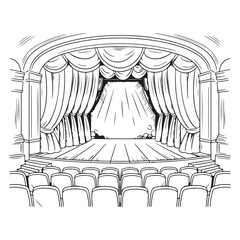 engraving vintage Line art theater stage seats arrangement curtain art vector 