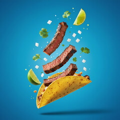 Dynamic Steak Taco with Floating Ingredients on Blue Background