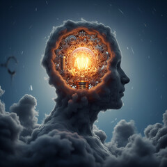 Cloud Head Profile with Illuminated Light Bulb and Gears Creative Thinking Concept art