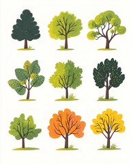 Set of cartoon tree with hand drawn elements isolated Nature flat tree graphic design Simple silhouette style vector illustration