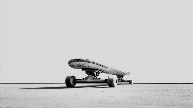 Fototapeta A grayscale photo of a skateboard resting on the ground, captured in a simple composition against a stark white background.