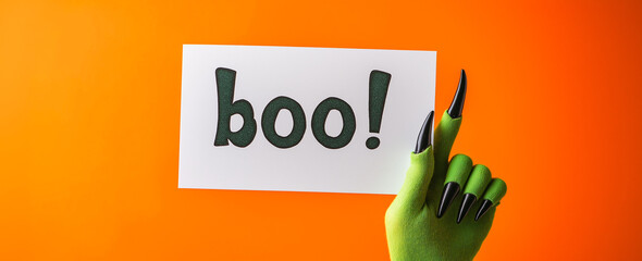 Green hand with black nails holding a white sign reading "boo!" against orange background. Halloween-themed, cute and funny, Holbein-style illustration with playful font and spooky vibe.
