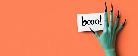 Halloween-themed, cute and funny, Holbein-style illustration with playful font and whimsical spooky vibe.Green hand with black nails holding a white "Boo!" sign on orange background. 