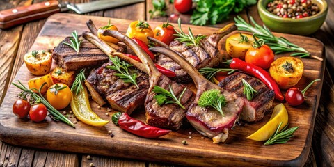 Fototapeta premium Grilled lamb chops served on a rustic wooden board surrounded by an assortment of colorful roasted vegetables