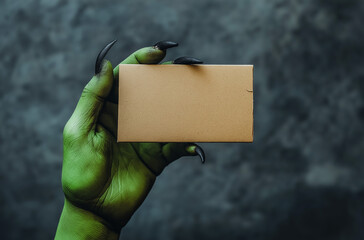 High-resolution Halloween monster hand with green skin and black nails holding an empty cardboard card against gray background, ready for text or design.
