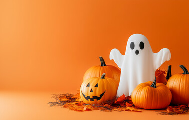 Halloween-themed photo featuring a ghost and pumpkins on an orange background. Solid color backdrop emphasizes spooky, festive atmosphere.