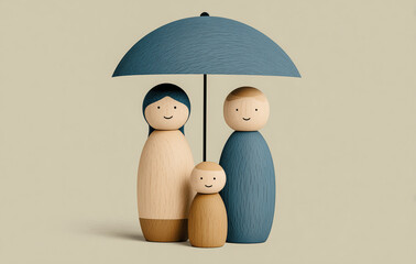 Minimalist illustration of adult, child, and baby wooden figures under a blue canopy symbolizing family protection. Neutral background, clean lines, and subtle details for a clear, modern look.