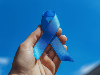 Close-up of hand holding a blue ribbon against a sky background for Diabetic Awareness Day. Symbolic, clear, and focused on the ribbon for awareness campaigns.
