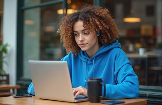 Young woman with curly hair wears blue pullover, works on laptop at outdoor cafe. Coffee cup sits nearby. She wears wireless earbuds, focused on her computer task. City background blurriness.