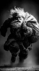 Santa Claus runs through snow with a sack, in a winter scene
