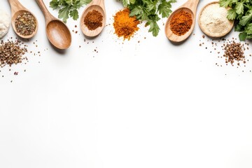 Food background with spices, herbs and utensil on white background.