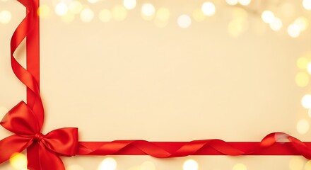Elegant christmas background with a red ribbon and bow adorning a blank canvas, surrounded by soft, bokeh lights, perfect for festive greetings