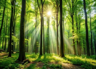 Dense forest of wood pellets with tall trees and sunlight filtering through the leaves