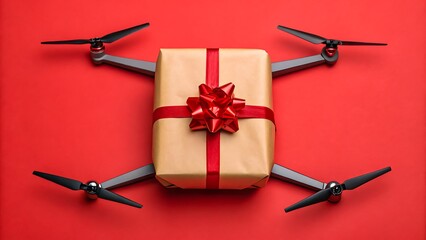 Modern delivery drone carrying gift box with red ribbon on red background