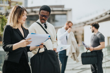 Professionals discussing documents in a modern outdoor setting, showcasing teamwork and collaboration in a business environment. The atmosphere conveys productivity, networking, and exchanging ideas.
