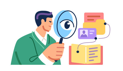 Businessman holding magnifying glass to find files, looking and analyzes documents. File search, inspection of archives