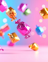 colorful wrapped candies floating in the air 