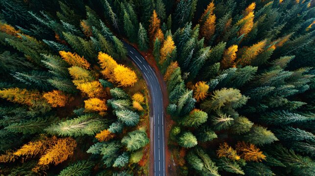 Overhead view of a road in a forest in autumn