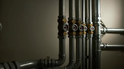 A panning shot of industrial pipes and valves. A complex plumbing and heating system with pressure gauges on a wall. Engineering and infrastructure concept. - Powered by Adobe