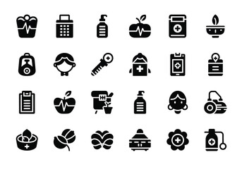 Collection of medical and healthcare icons, including heart rhythm, medicine, apple, blood bag, and medical equipment