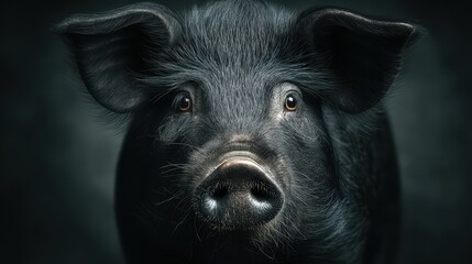 Black pig with expressive eyes captured in a close-up setting against a dark background