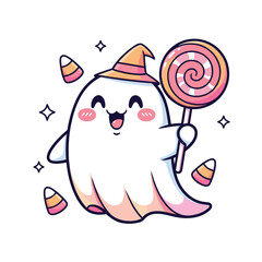 Cute and happy ghost with a witch hat holding a lollipop isolated on white background, surrounded by candy corns and stars