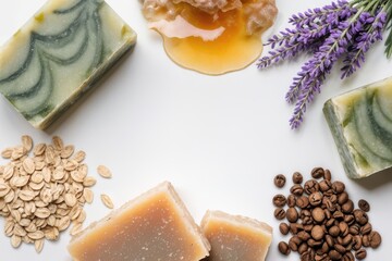 Natural soap bars with ingredients. Aloe, lavender, eucalyptus, olive, honey, coffee, tea tree oil and oat soaps. Top view with copy space.
