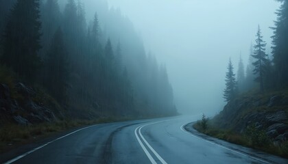 Winding mountain road shrouded in dense fog, rain. Dark, moody atmosphere with tall pine trees lining wet asphalt. Eerie mist, stormy weather create sense of solitude, mystery in remote wilderness.