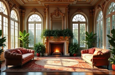 Luxurious baroque living room with ornate golden details. Features plush sofas, glowing fireplace, rich houseplants, grand arched windows. Morning sunlight streams in, illuminating elegant space with