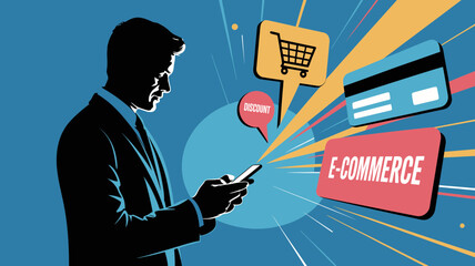 Modern businessman enjoys mobile e-commerce shopping deals, utilizing discounts, credit card options, and convenient cart features for seamless online purchases