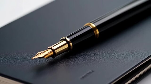 Close-up of a black fountain pen resting on a dark gray leather-like notebook