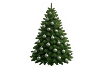 Christmas tree decorated with ornaments on transparent background