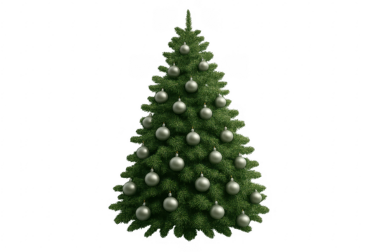 Christmas tree decorated with ornaments on transparent background