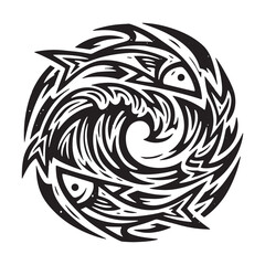 Stylized fish swimming in a circular wave pattern, representing harmony and flow.