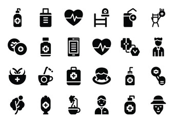 Collection of medical and healthcare icons, including a heart monitor, hospital bed, medicine bottle, stethoscope, and doctor