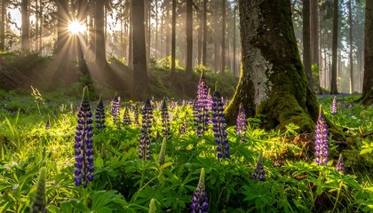 Sunlight streams through misty forest floor, vibrant wildflowers