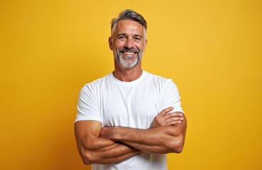 Athletic middle-aged man with grey hair smiles confidently, arms folded, wearing white t-shirt. Muscular build, mature, masculine presence. Positive expression on yellow background. Health, fitness,