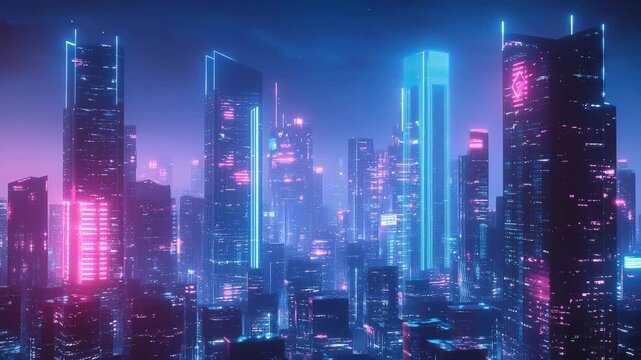 A futuristic city skyline at dusk glowing with neon lights