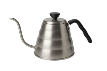 Silver metal pour over kettle isolated on transparent background, coffee time