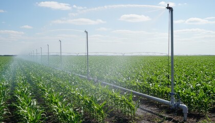 Medium shot highlighting the mechanized sprinkler heads mounted on pipes distributing water efficiently in a cultivated crop field