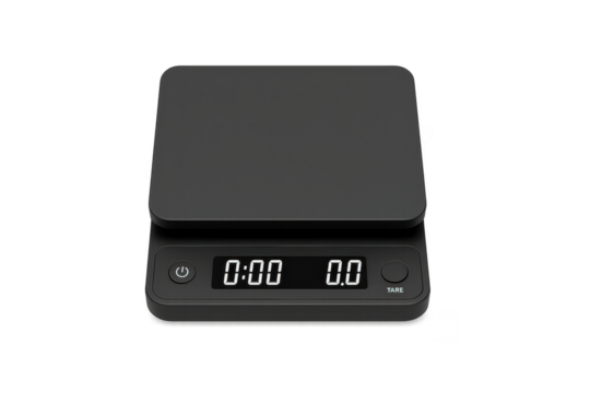 Modern black digital kitchen scale isolated on transparent background view