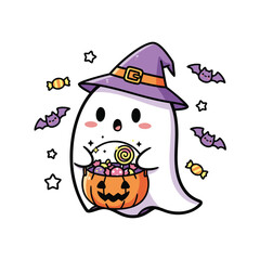 Charming ghost isolated on white background wearing a witch hat and carrying a pumpkin full of candy for halloween fun
