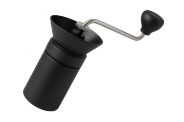 Modern black manual coffee grinder isolated on transparent background, clean