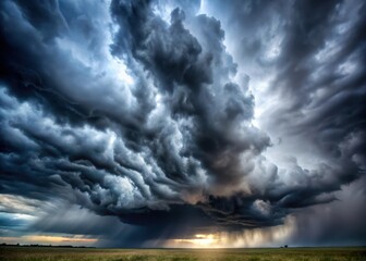 Dark and foreboding stormy sky with thick grey clouds and heavy rainfall