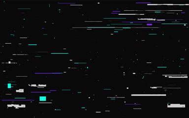 Glitch background with color distortion lines on black. Futuristic digital noise texture for tech design. Error video signal effect. Abstract cyber theme. TV overlay problem. Vector Illustration.