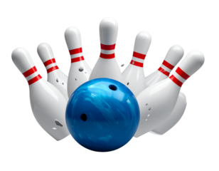 Blue Bowling Ball Striking White Pins PNG