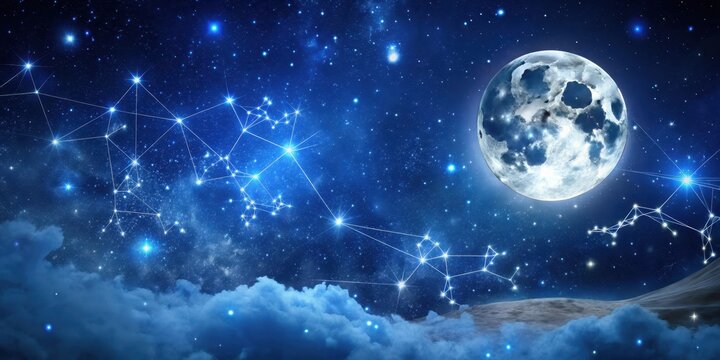 Atmospheric night sky with a full moon and stars scattered across a deep blue canvas