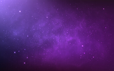 Nebula background with glowing stardust. Purple galaxy with bright stars. Realistic starry cosmos texture. Color space wallpaper. Cosmic banner template. Vector Illustration.